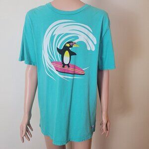 Toddland T-Shirt men's L surfing penguin teal blue 80s retro vintage Y2K surfer.